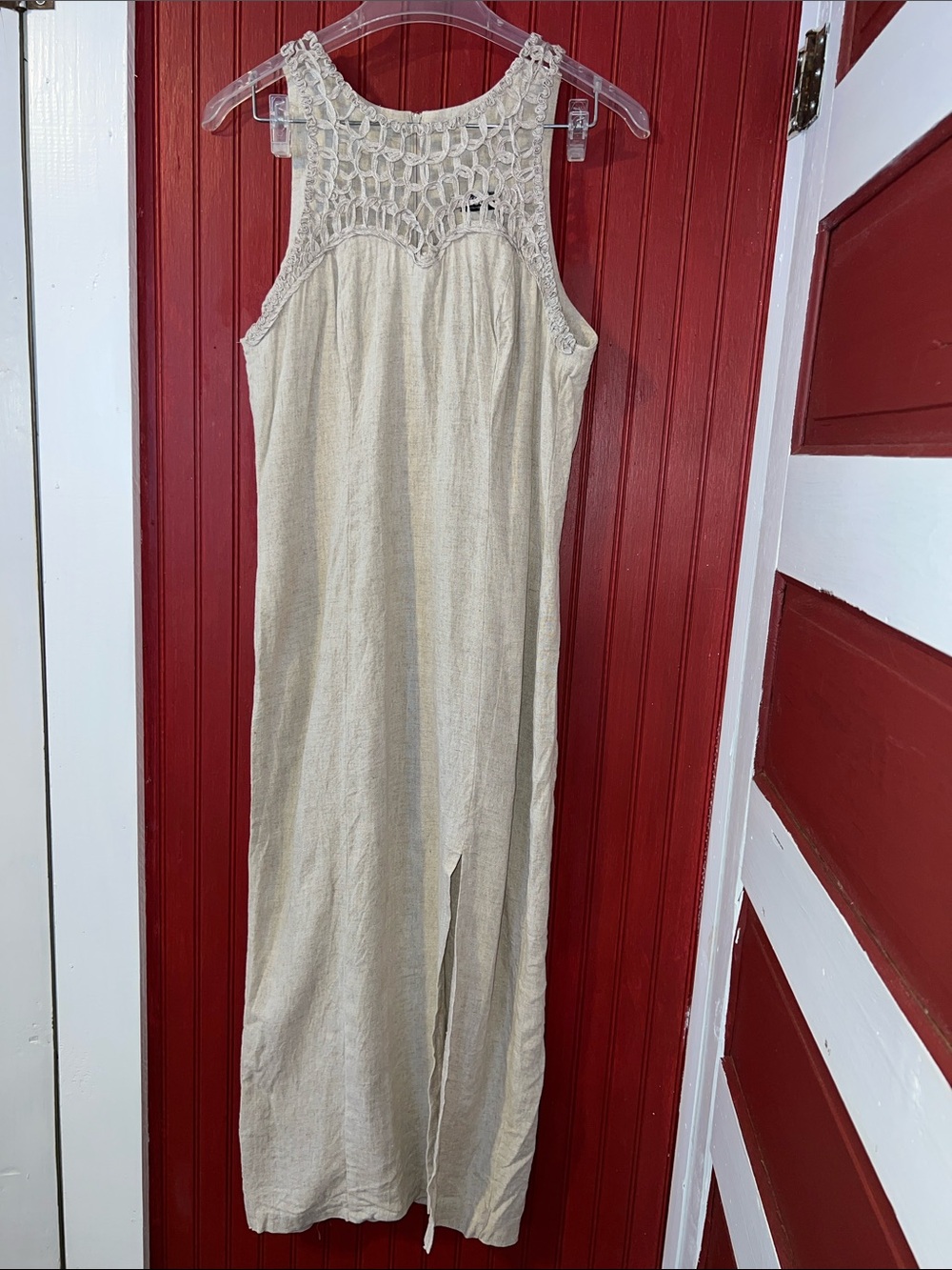Vintage Knapp Studio Crochet Yoke Cream/Jute Linen Blend  Maxi Dress Jr 7